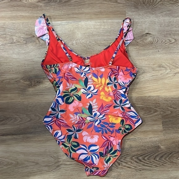 Caribbean Joe Ruffle Sleeve Adjustable Strap Coral Orange Floral Swimsuit 14 - Picture 6 of 9